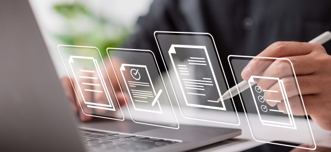 Paperless workplace idea, e-signing, electronic signature, document management. Businessman signs an electronic document on a digital document on a virtual notebook screen using a stylus pen.