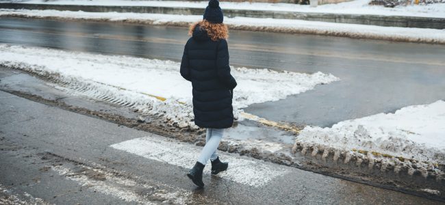 icy lot and street, slippery conditions