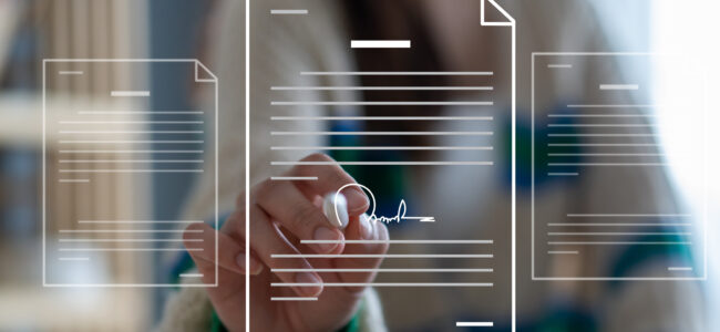 Human signing documents with pen, online business contract electronic signature, technology, e-signing, digital document management, paperless office, signing business contract concept