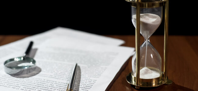 Close-up of document and hourglass on table, contract validity period expiring
